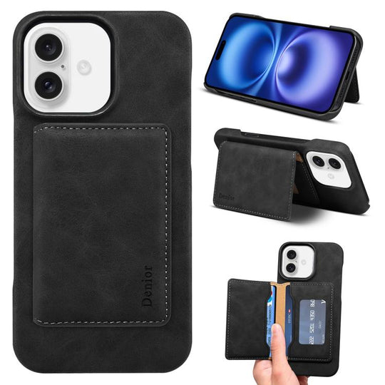 For iPhone 16 Denior D27 Retro Texture RFID MagSafe Photo Frame Card-slot Phone Case(Black)
