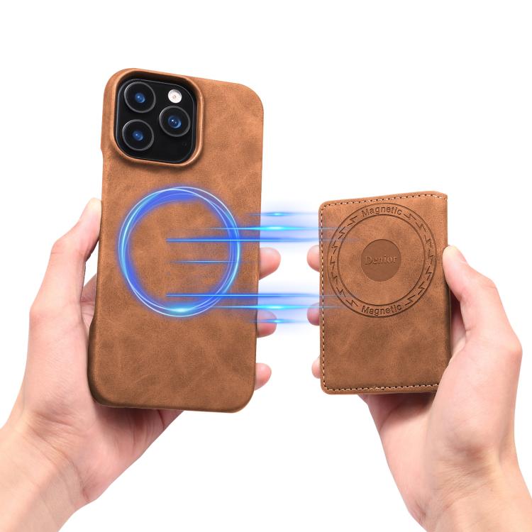 For iPhone 16 Plus Denior D27 Retro Texture RFID MagSafe Photo Frame Card-slot Phone Case(Brown) - iPhone 16 Plus Cases by Denior | Online Shopping UK | buy2fix
