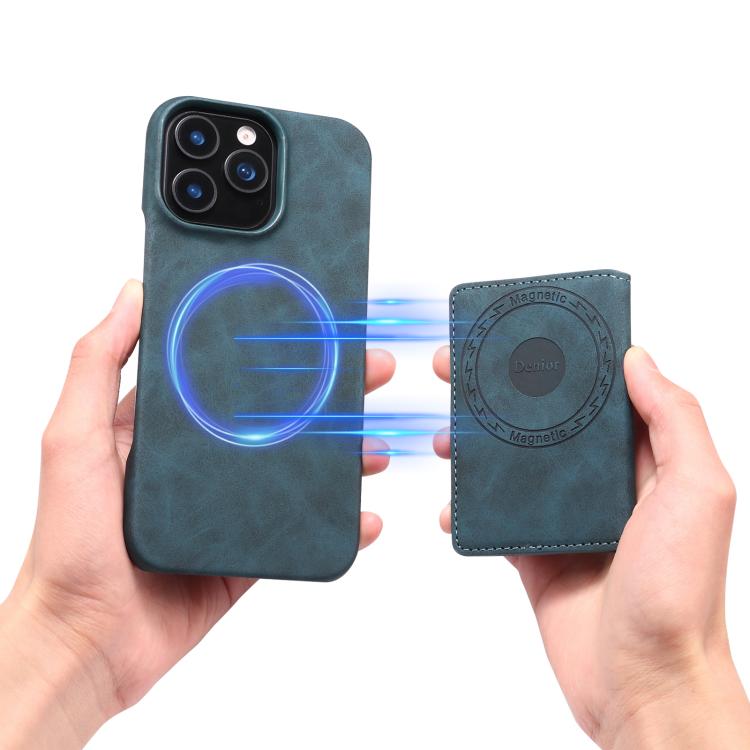 For iPhone 16 Plus Denior D27 Retro Texture RFID MagSafe Photo Frame Card-slot Phone Case(Blue) - iPhone 16 Plus Cases by Denior | Online Shopping UK | buy2fix
