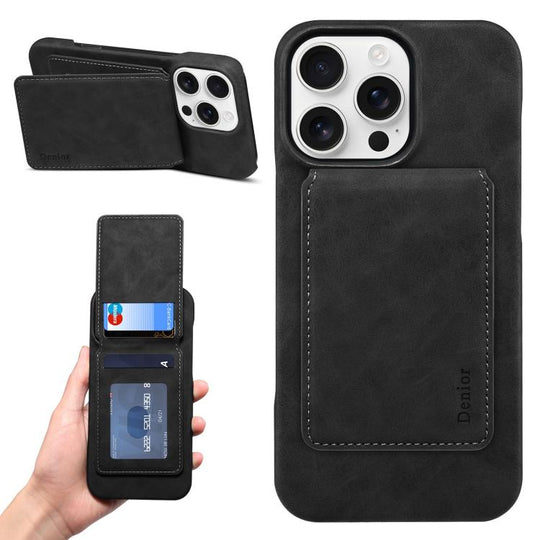 For iPhone 13 Pro Max Denior D28 Retro Texture RFID MagSafe Vertical Flip Card-slot Phone Case(Black)