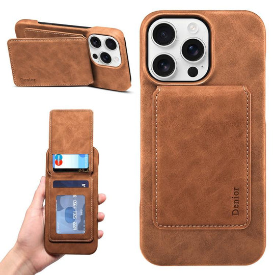 For iPhone 14 Pro Max Denior D28 Retro Texture RFID MagSafe Vertical Flip Card-slot Phone Case(Brown)