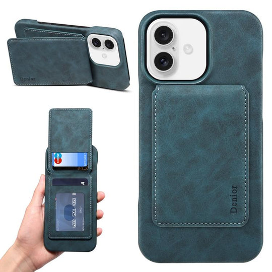 For iPhone 16 Denior D28 Retro Texture RFID MagSafe Vertical Flip Card-slot Phone Case(Blue)