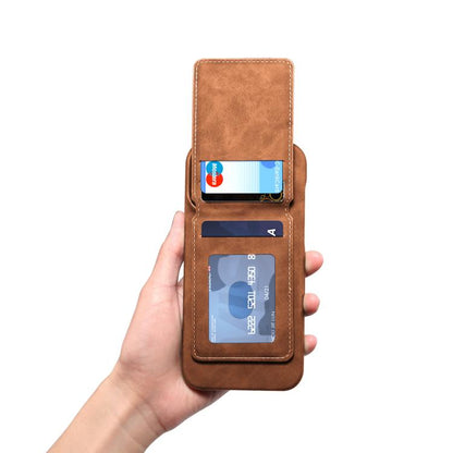 For iPhone 16 Plus Denior D28 Retro Texture RFID MagSafe Vertical Flip Card-slot Phone Case(Brown) - iPhone 16 Plus Cases by Denior | Online Shopping UK | buy2fix