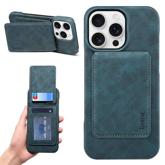 For iPhone 16 Pro Denior D28 Retro Texture RFID MagSafe Vertical Flip Card-slot Phone Case(Blue)