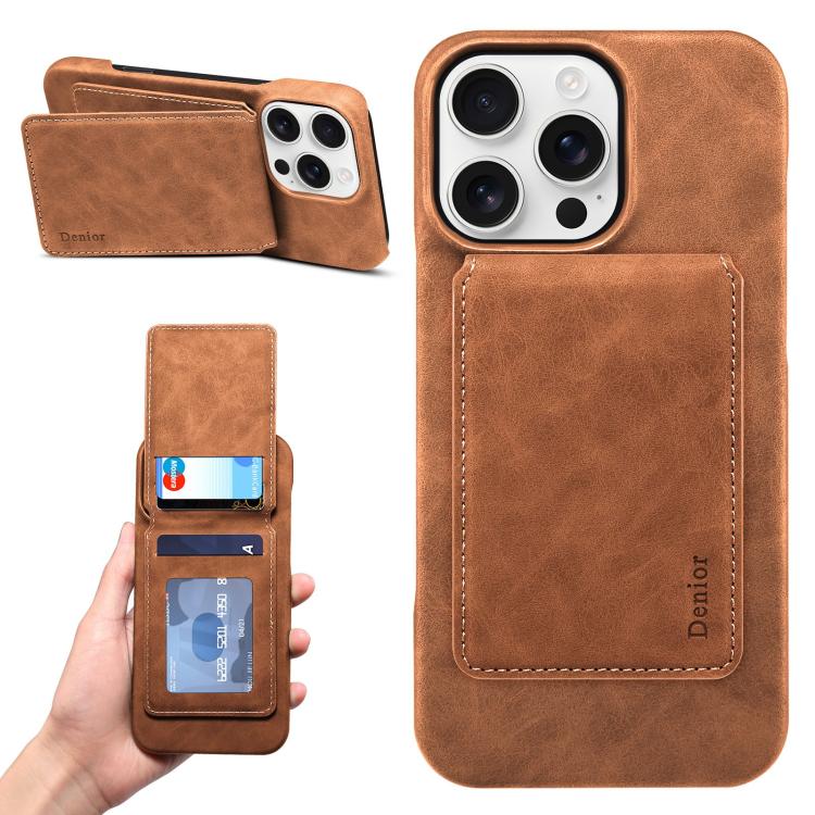 For iPhone 16 Pro Max Denior D28 Retro Texture RFID MagSafe Vertical Flip Card-slot Phone Case(Brown) - iPhone 16 Pro Max Cases by Denior | Online Shopping UK | buy2fix
