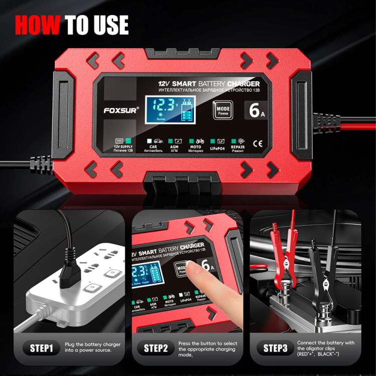 FOXSUR FBC1206F 12V 6A Car Motorcycle Battery Charger Smart Repair Multi-function Charger, EU Plug(Red) - Battery Charger by FOXSUR | Online Shopping UK | buy2fix