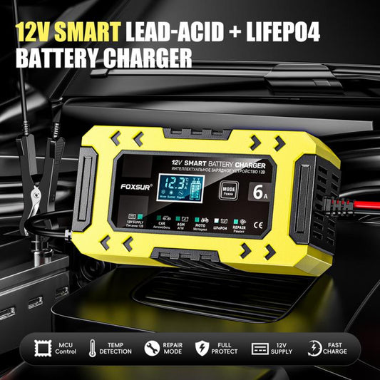 FOXSUR FBC1206F 12V 6A Car Motorcycle Battery Charger Smart Repair Multi-function Charger, EU Plug(Yellow) - Battery Charger by FOXSUR | Online Shopping UK | buy2fix