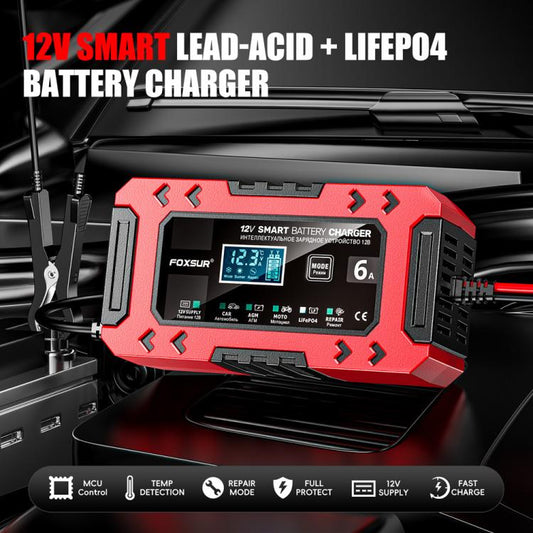 FOXSUR FBC1206F 12V 6A Car Motorcycle Battery Charger Smart Repair Multi-function Charger, US Plug(Red) - Battery Charger by FOXSUR | Online Shopping UK | buy2fix