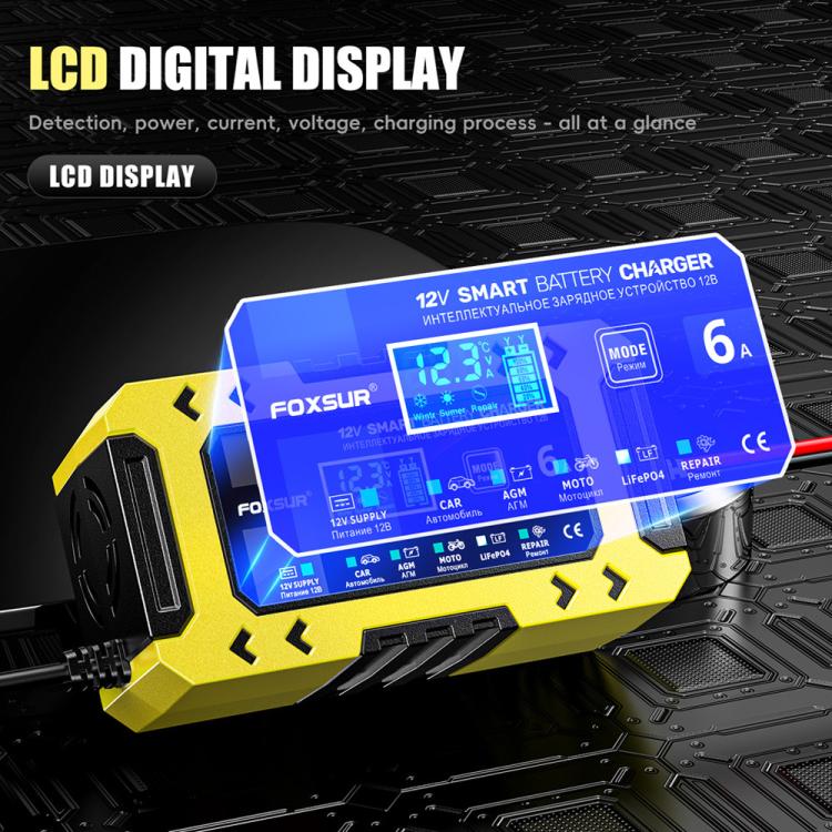 FOXSUR FBC1206F 12V 6A Car Motorcycle Battery Charger Smart Repair Multi-function Charger, US Plug(Yellow) - Battery Charger by FOXSUR | Online Shopping UK | buy2fix