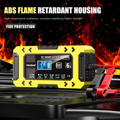 FOXSUR FBC1206F 12V 6A Car Motorcycle Battery Charger Smart Repair Multi-function Charger, UK Plug(Yellow) - Battery Charger by FOXSUR | Online Shopping UK | buy2fix