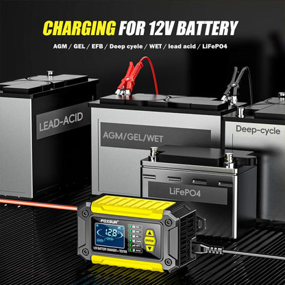 FOXSUR FTC-1206 2 in 1 12V Charging Tester Integrated Machine Car Motorcycle Battery Charger Tester, EU Plug(Yellow) - Battery Charger by FOXSUR | Online Shopping UK | buy2fix