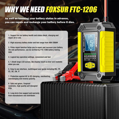 FOXSUR FTC-1206 2 in 1 12V Charging Tester Integrated Machine Car Motorcycle Battery Charger Tester, EU Plug(Yellow) - Battery Charger by FOXSUR | Online Shopping UK | buy2fix
