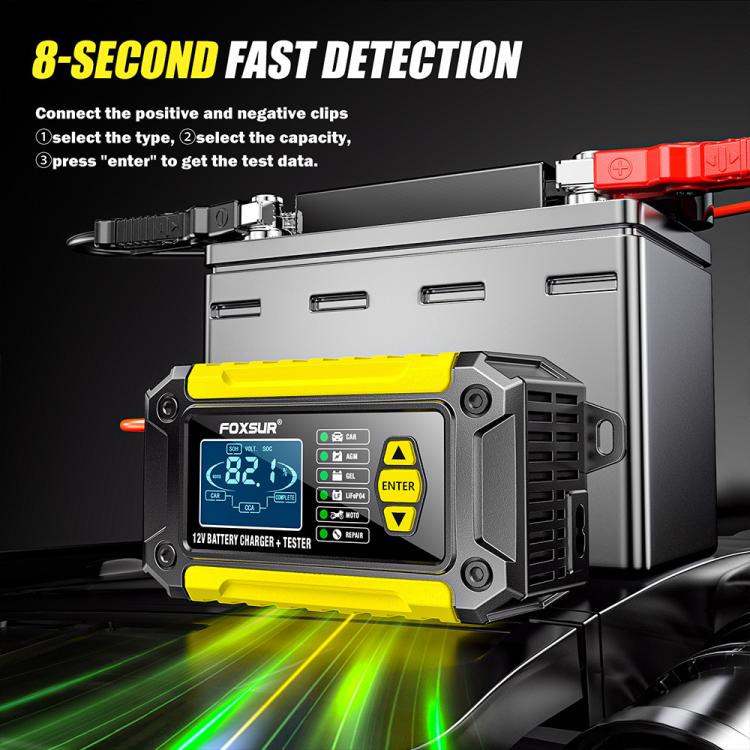 FOXSUR FTC-1206 2 in 1 12V Charging Tester Integrated Machine Car Motorcycle Battery Charger Tester, EU Plug(Yellow) - Battery Charger by FOXSUR | Online Shopping UK | buy2fix