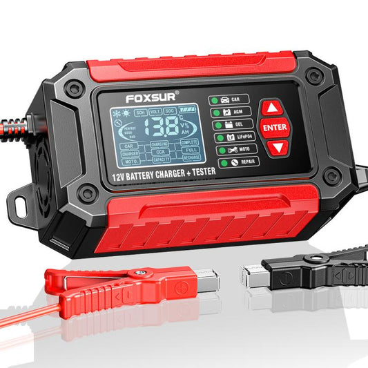FOXSUR FTC-1206 2 in 1 12V Charging Tester Integrated Machine Car Motorcycle Battery Charger Tester, US Plug(Red) - Battery Charger by FOXSUR | Online Shopping UK | buy2fix
