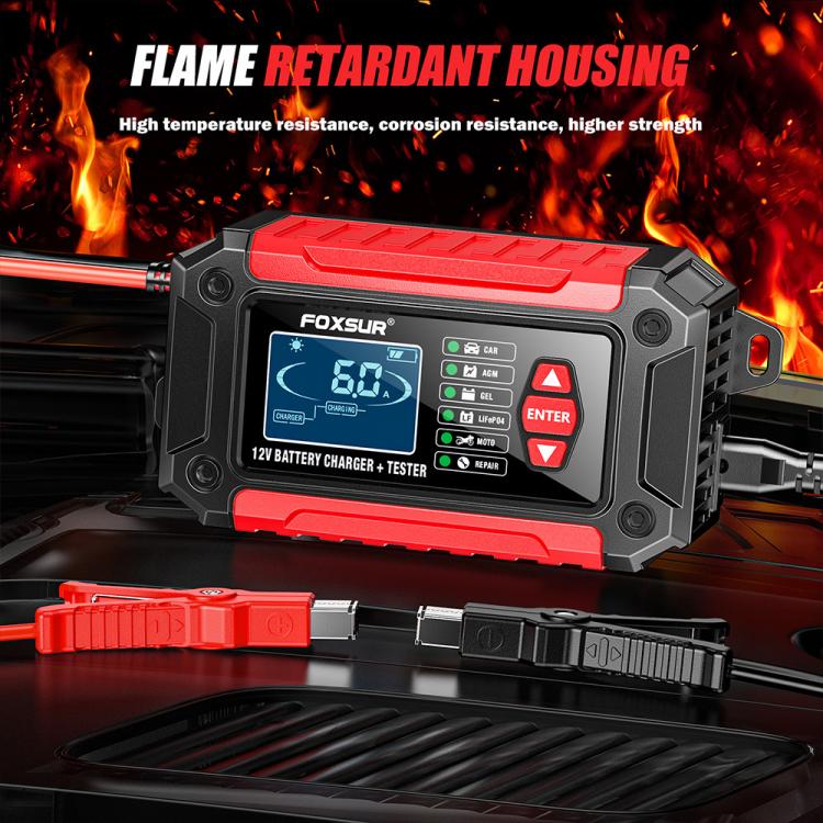 FOXSUR FTC-1206 2 in 1 12V Charging Tester Integrated Machine Car Motorcycle Battery Charger Tester, US Plug(Red) - Battery Charger by FOXSUR | Online Shopping UK | buy2fix