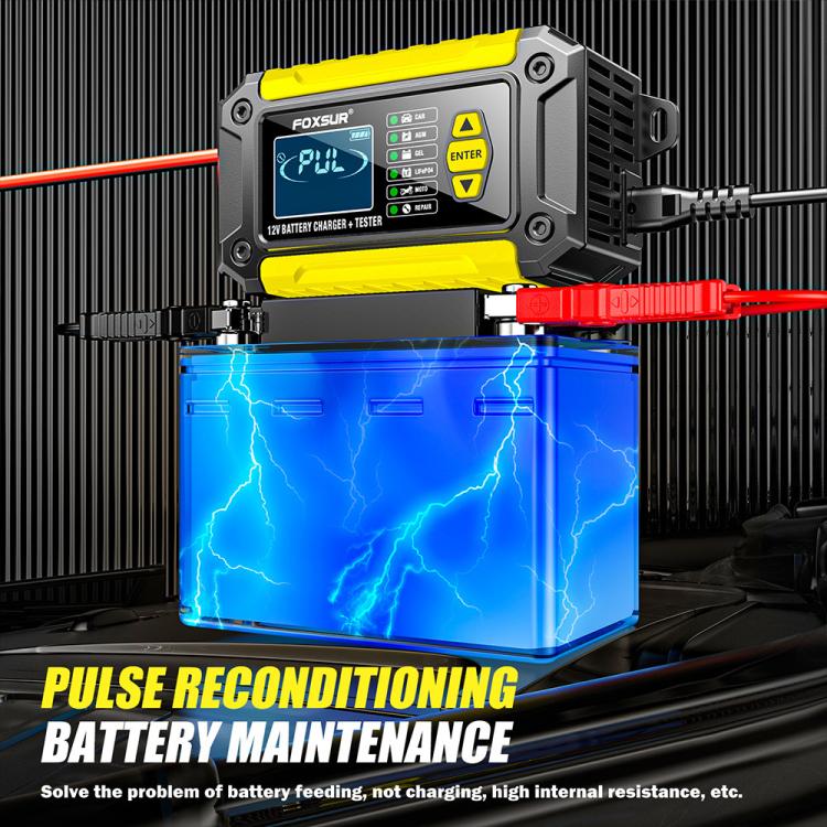 FOXSUR FTC-1206 2 in 1 12V Charging Tester Integrated Machine Car Motorcycle Battery Charger Tester, US Plug(Yellow) - Battery Charger by FOXSUR | Online Shopping UK | buy2fix