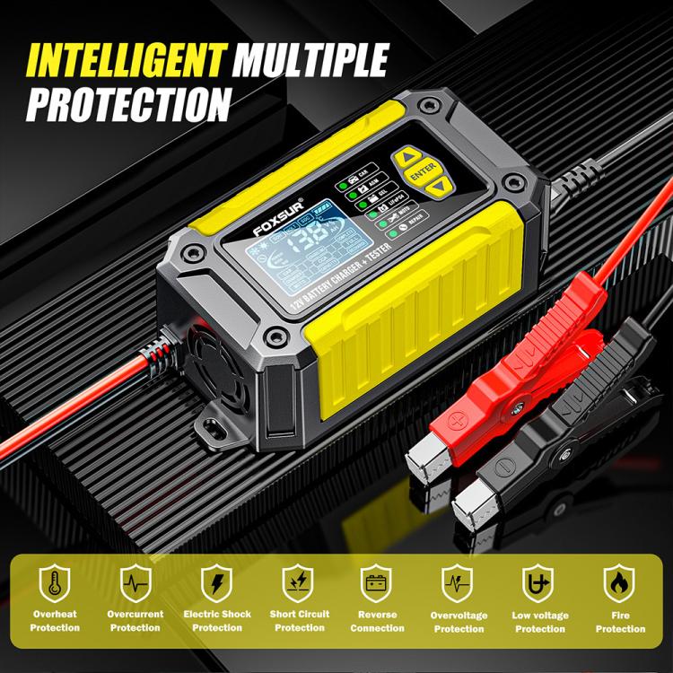 FOXSUR FTC-1206 2 in 1 12V Charging Tester Integrated Machine Car Motorcycle Battery Charger Tester, US Plug(Yellow) - Battery Charger by FOXSUR | Online Shopping UK | buy2fix
