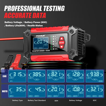 FOXSUR FTC-1206 2 in 1 12V Charging Tester Integrated Machine Car Motorcycle Battery Charger Tester, UK Plug(Red) - Battery Charger by FOXSUR | Online Shopping UK | buy2fix