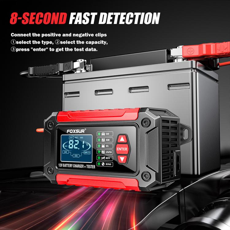 FOXSUR FTC-1206 2 in 1 12V Charging Tester Integrated Machine Car Motorcycle Battery Charger Tester, UK Plug(Red) - Battery Charger by FOXSUR | Online Shopping UK | buy2fix