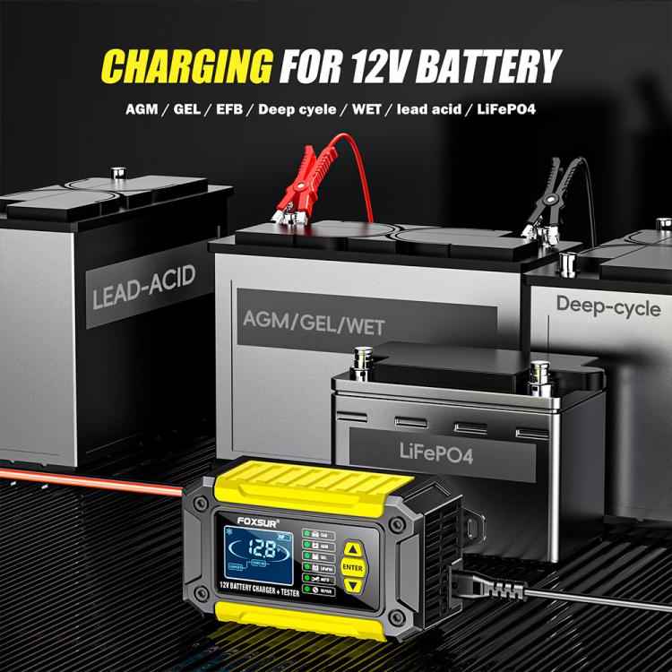FOXSUR FTC-1206 2 in 1 12V Charging Tester Integrated Machine Car Motorcycle Battery Charger Tester, UK Plug(Yellow) - Battery Charger by FOXSUR | Online Shopping UK | buy2fix