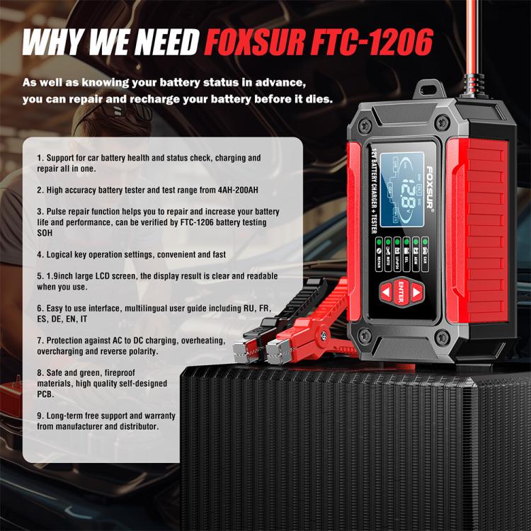 FOXSUR FTC-1206 2 in 1 12V Charging Tester Integrated Machine Car Motorcycle Battery Charger Tester, AU Plug(Red) - Battery Charger by FOXSUR | Online Shopping UK | buy2fix