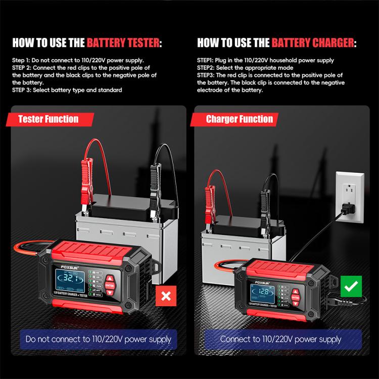 FOXSUR FTC-1206 2 in 1 12V Charging Tester Integrated Machine Car Motorcycle Battery Charger Tester, AU Plug(Red) - Battery Charger by FOXSUR | Online Shopping UK | buy2fix