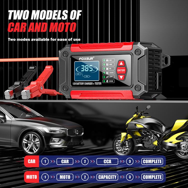 FOXSUR FTC-1206 2 in 1 12V Charging Tester Integrated Machine Car Motorcycle Battery Charger Tester, AU Plug(Red) - Battery Charger by FOXSUR | Online Shopping UK | buy2fix
