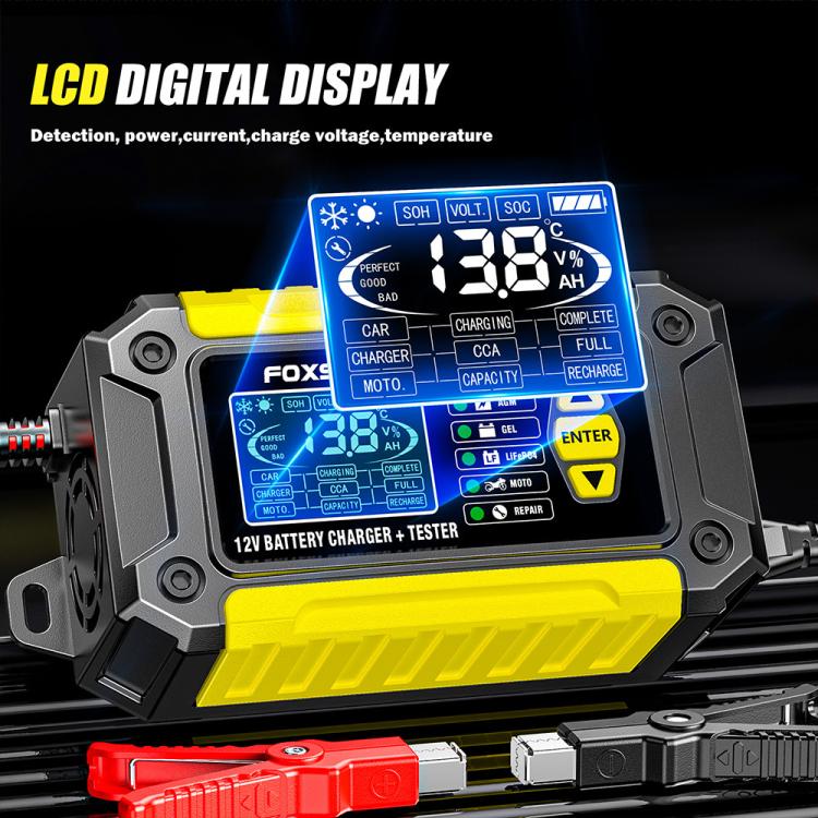 FOXSUR FTC-1206 2 in 1 12V Charging Tester Integrated Machine Car Motorcycle Battery Charger Tester, AU Plug(Yellow) - Battery Charger by FOXSUR | Online Shopping UK | buy2fix