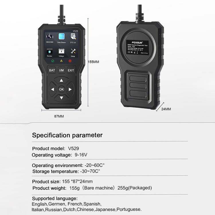 FOXSUR V529 OBD2 Car Engine Fault Code Reader Diagnostic Instrument(Black) - Code Readers & Scan Tools by FOXSUR | Online Shopping UK | buy2fix