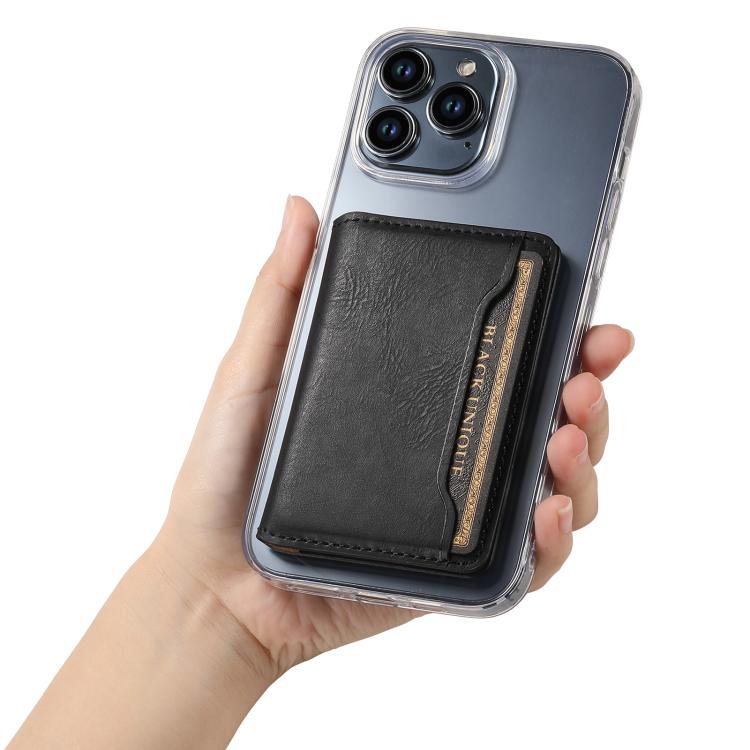 Denior V01 Magsafe Wallet Cowhide Texture Leather Magnetic Card Holder Bag(Black) - Adhesive Card Holders by Denior | Online Shopping UK | buy2fix