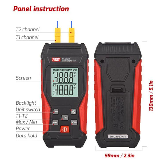 TRSI TA616B Industrial Handheld K-Type Thermocouple Thermometer, Dual Channel, Basic Version - Thermostat & Thermometer by TASI | Online Shopping UK | buy2fix