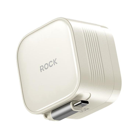 ROCK T90 PD35W Type-C Single Port GaN Wall Charger with Type-C Retractable Cable, UK Plug(Beige)