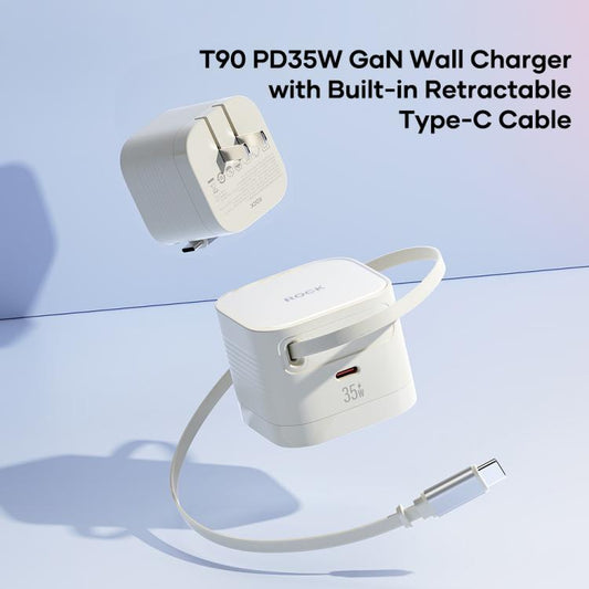 ROCK T90 PD35W Type-C Single Port GaN Wall Charger with Type-C Retractable Cable, EU Plug(Beige) - USB Charger by ROCK | Online Shopping UK | buy2fix