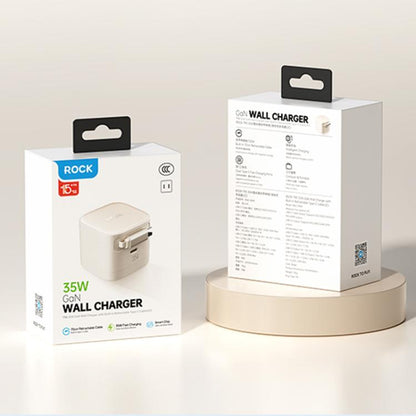 ROCK T90 PD35W Type-C Single Port GaN Wall Charger with Type-C Retractable Cable, EU Plug(Beige) - USB Charger by ROCK | Online Shopping UK | buy2fix