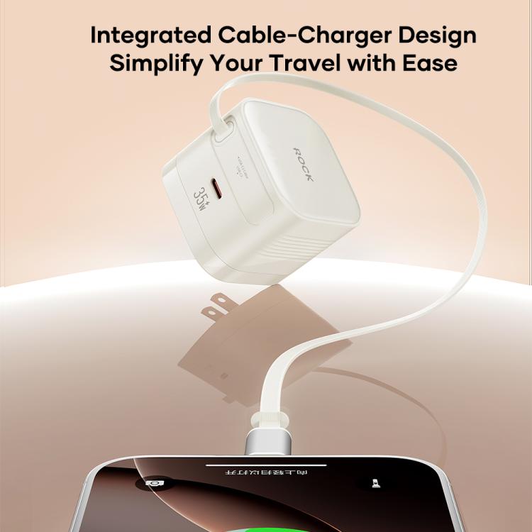 ROCK T90 PD35W Type-C Single Port GaN Wall Charger with Type-C Retractable Cable, UK Plug(Beige) - USB Charger by ROCK | Online Shopping UK | buy2fix