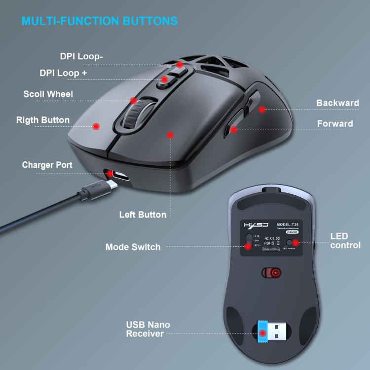 HXSJ T26 Dual Modes 2.4G BT5.1 Rechargeable Wireless Mouse(Black) - Wireless Mice by HXSJ | Online Shopping UK | buy2fix