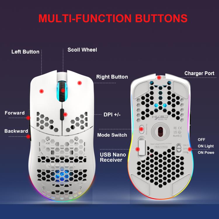 HXSJ T66 3 Modes Wired 2.4G BT5.3 Wireless RGB Rechargeable Mouse(White) - Wireless Mice by HXSJ | Online Shopping UK | buy2fix