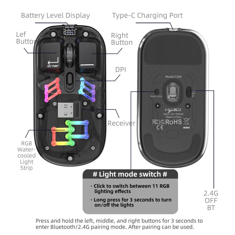 HXSJ T200 Dual Modes 2.4G BT5.0 Transparent RGB Wireless Mouse(Black) - Wireless Mice by HXSJ | Online Shopping UK | buy2fix