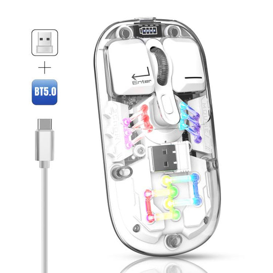 HXSJ T200 Dual Modes 2.4G BT5.0 Transparent RGB Wireless Mouse(White)