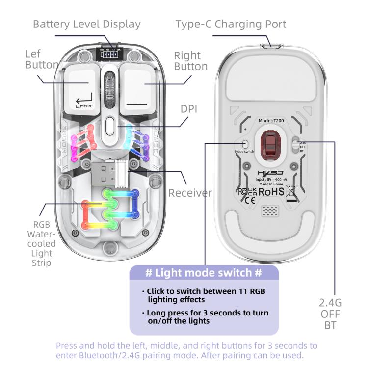 HXSJ T200 Dual Modes 2.4G BT5.0 Transparent RGB Wireless Mouse(White) - Wireless Mice by HXSJ | Online Shopping UK | buy2fix