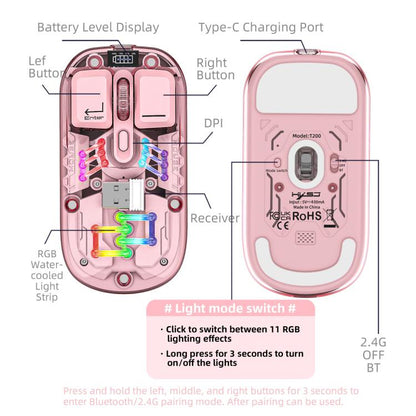 HXSJ T200 Dual Modes 2.4G BT5.0 Transparent RGB Wireless Mouse(Pink) - Wireless Mice by HXSJ | Online Shopping UK | buy2fix