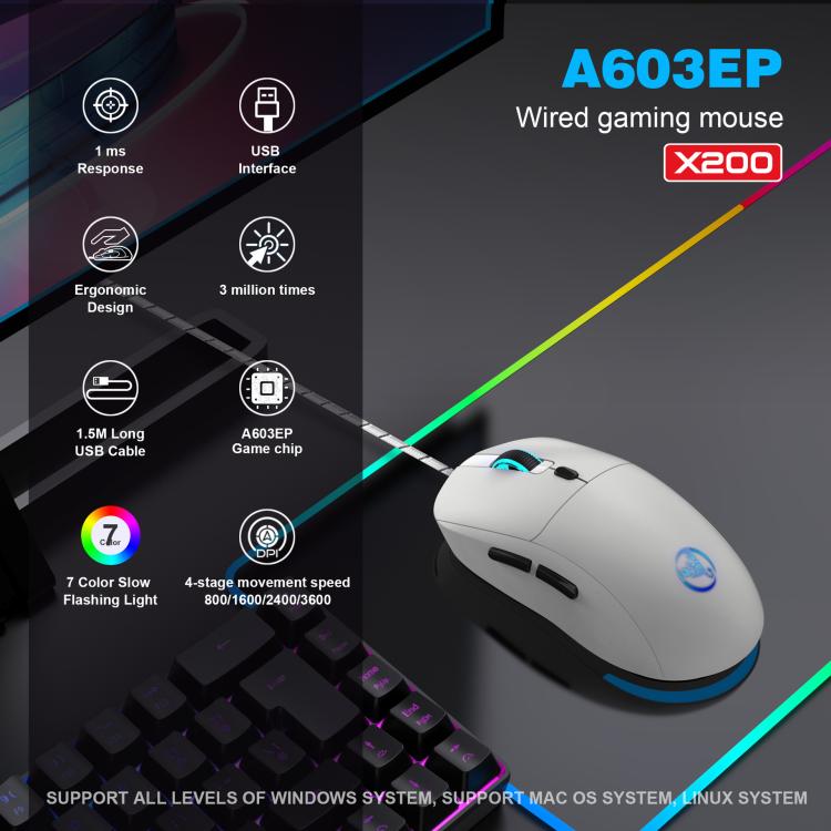HXSJ X200 3600DPI Colorful Luminous Wired Mouse, Cable Length: 1.5m(White) - Wired Mice by HXSJ | Online Shopping UK | buy2fix