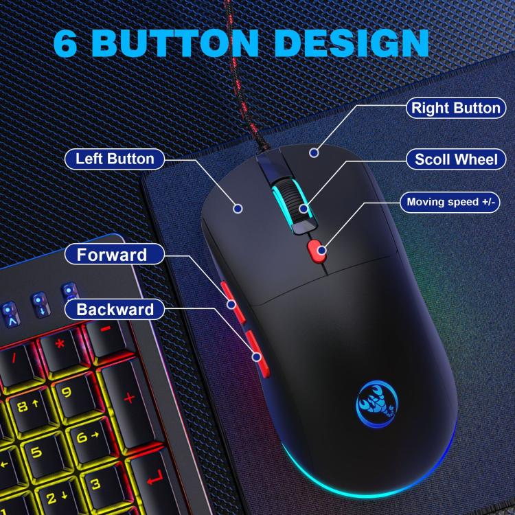 HXSJ X200 3600DPI Colorful Luminous Wired Mouse, Cable Length: 1.5m(Black) - Wired Mice by HXSJ | Online Shopping UK | buy2fix