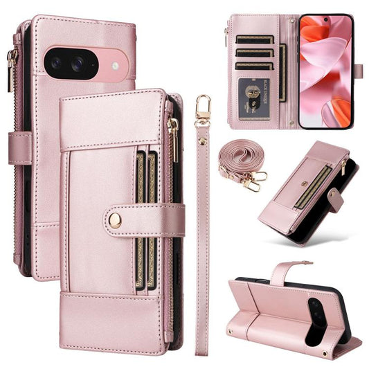 For Google Pixel 10 / 10 Pro Crossbody Strap RFID Blocking Zipper Wallet Leather Phone Case(Rose Gold) - Google Cases by buy2fix | Online Shopping UK | buy2fix