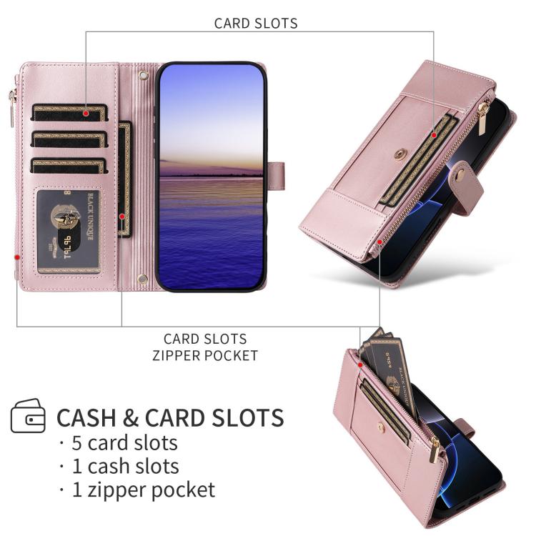 For Google Pixel 10 / 10 Pro Crossbody Strap RFID Blocking Zipper Wallet Leather Phone Case(Rose Gold) - Google Cases by buy2fix | Online Shopping UK | buy2fix