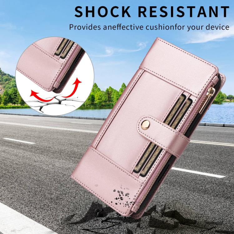 For Google Pixel 10 / 10 Pro Crossbody Strap RFID Blocking Zipper Wallet Leather Phone Case(Rose Gold) - Google Cases by buy2fix | Online Shopping UK | buy2fix