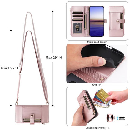 For Google Pixel 10 / 10 Pro Crossbody Strap RFID Blocking Zipper Wallet Leather Phone Case(Rose Gold) - Google Cases by buy2fix | Online Shopping UK | buy2fix