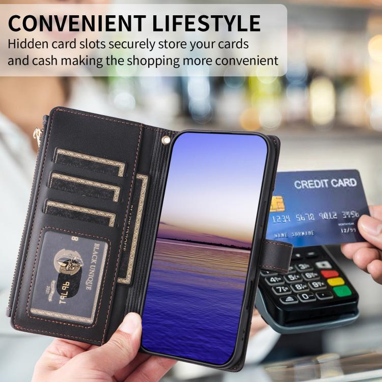 For Google Pixel 10 / 10 Pro Crossbody Strap RFID Blocking Zipper Wallet Leather Phone Case(Black) - Google Cases by buy2fix | Online Shopping UK | buy2fix