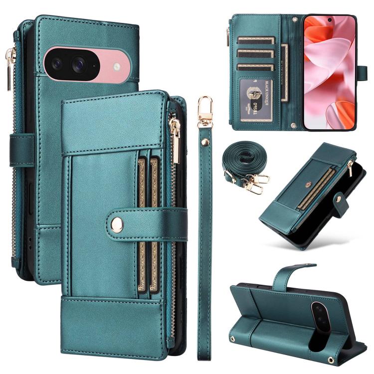 For Google Pixel 10 / 10 Pro Crossbody Strap RFID Blocking Zipper Wallet Leather Phone Case(Green) - Google Cases by buy2fix | Online Shopping UK | buy2fix