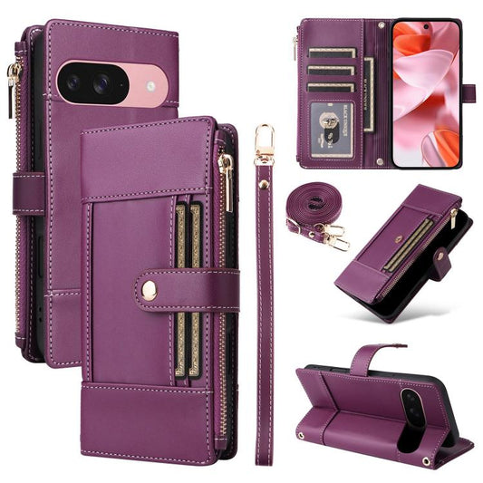 For Google Pixel 10 / 10 Pro Crossbody Strap RFID Blocking Zipper Wallet Leather Phone Case(Purple) - Google Cases by buy2fix | Online Shopping UK | buy2fix